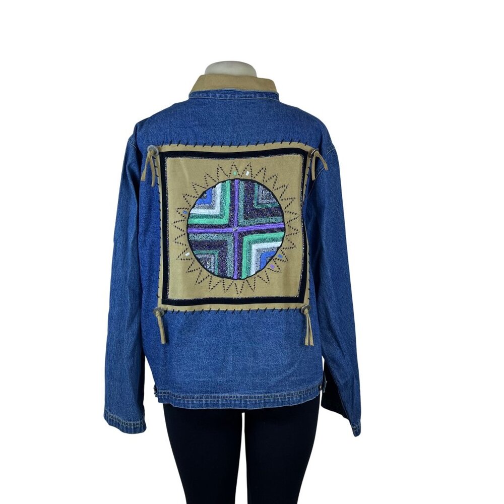 Vintage Ultimate Women’s Blue Denim Jacket Suede Collar Beaded Back Sz L